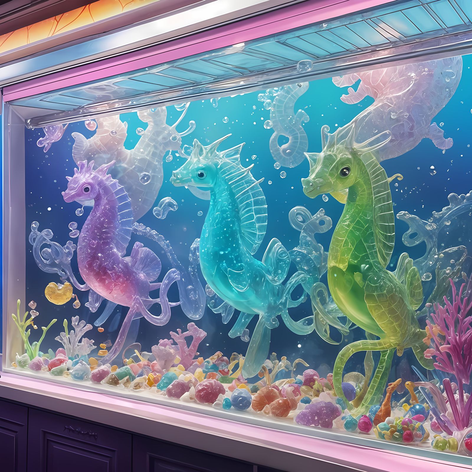 Rainbow Seahorse Vials in Anime Art Style