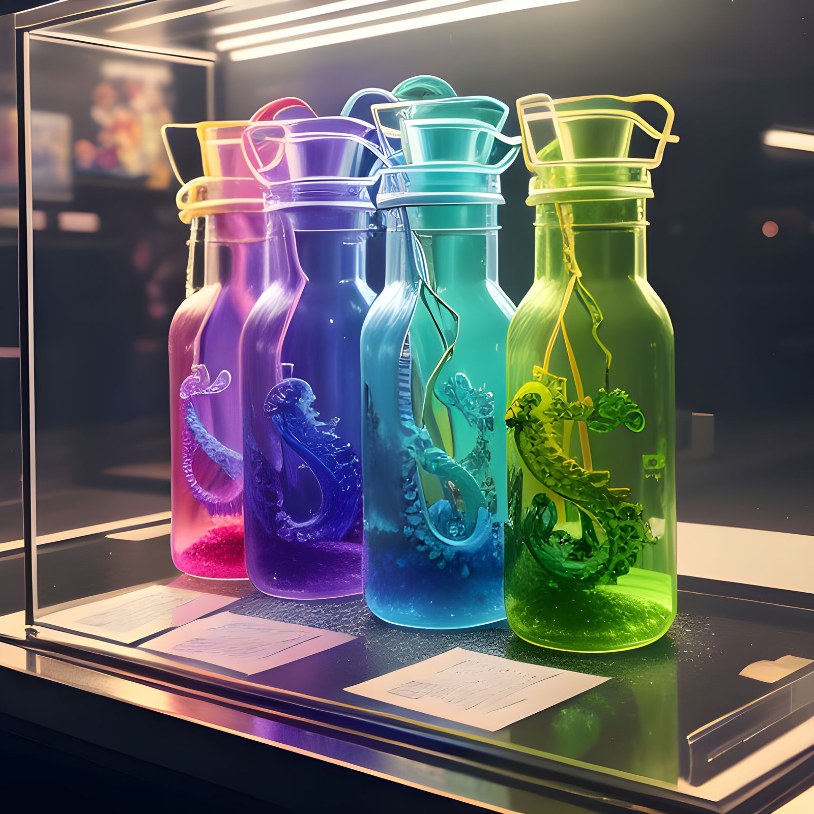 Vibrant Glass Vials Showcase a Majestic Seahorse in a Whimsi...