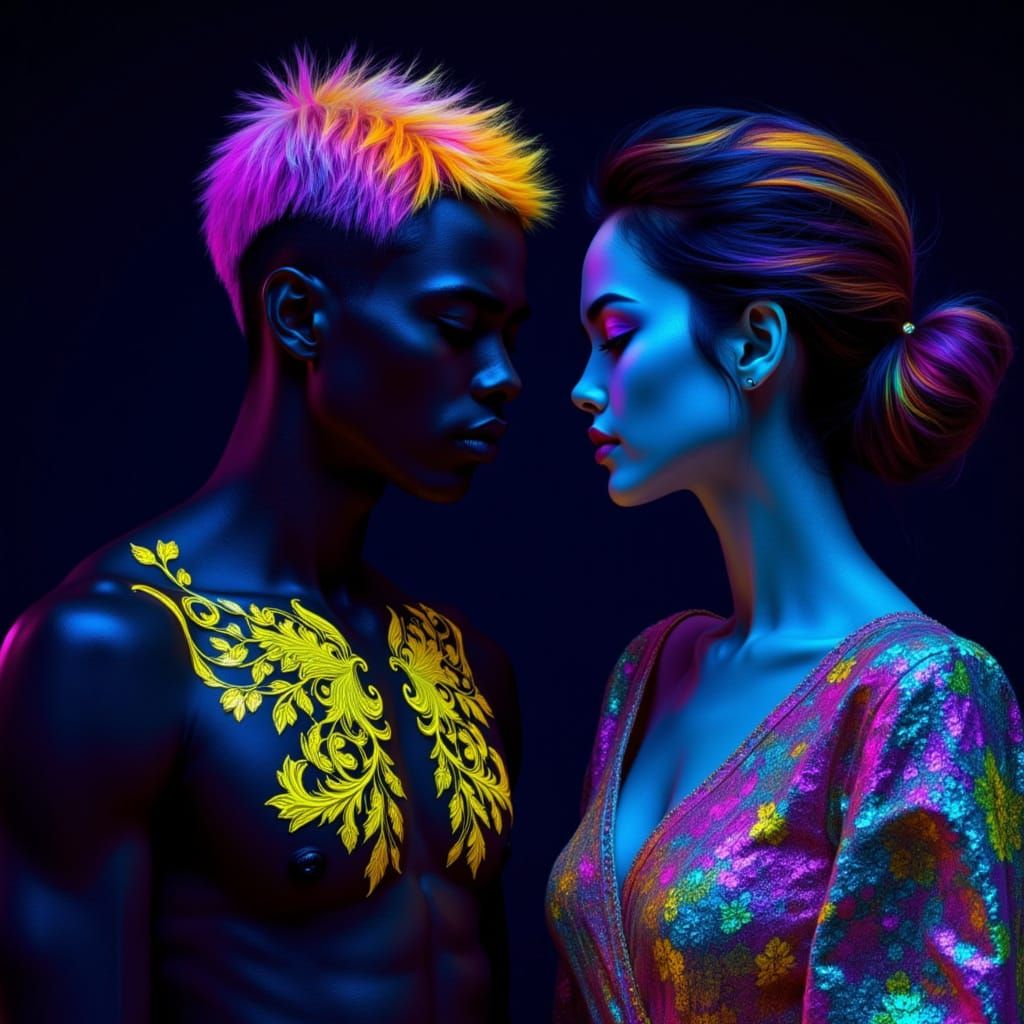 Man and Woman in Neon Glowing 1700s Gown