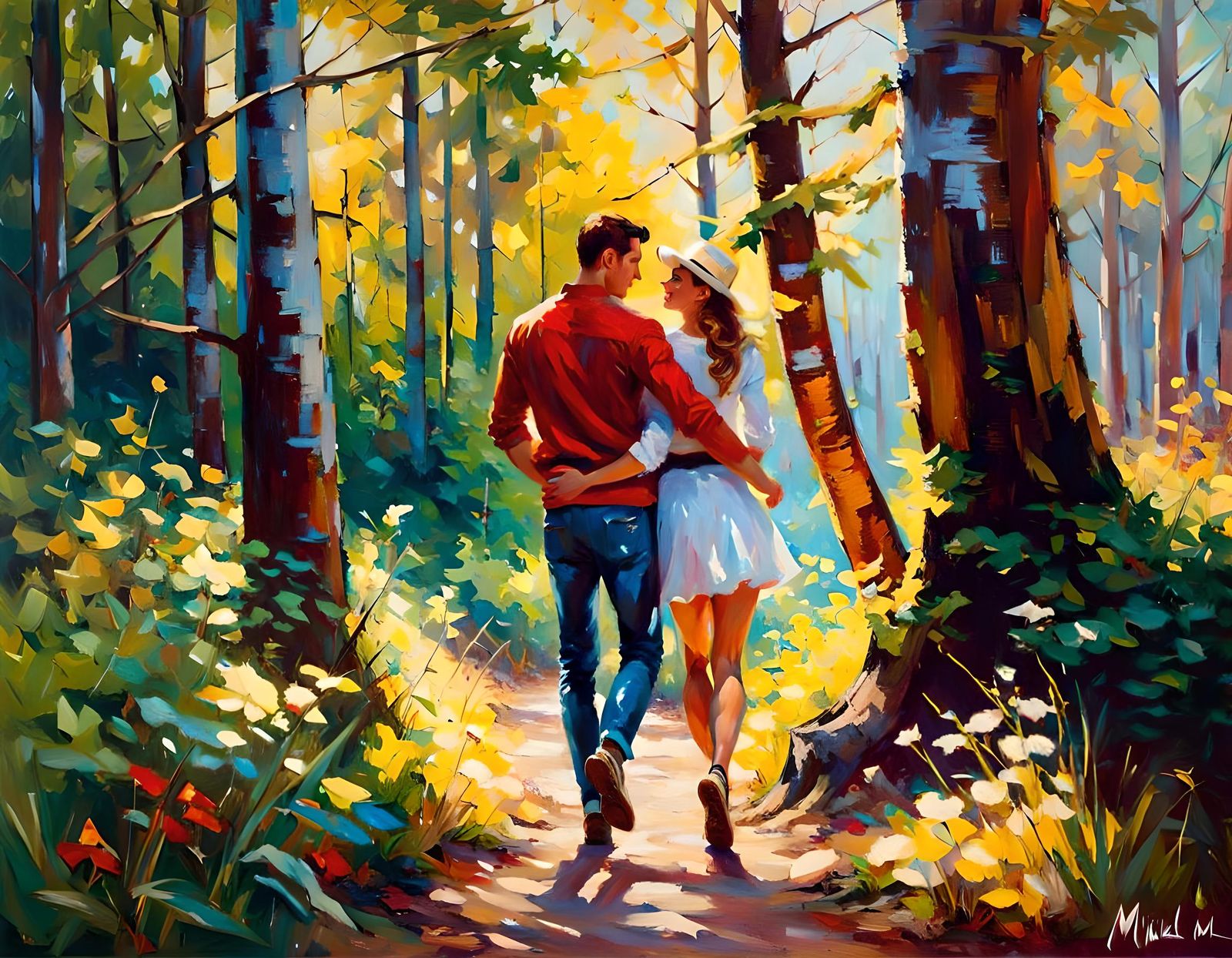 Young Couple in Sunny Forest: Acrylic Impressionism
