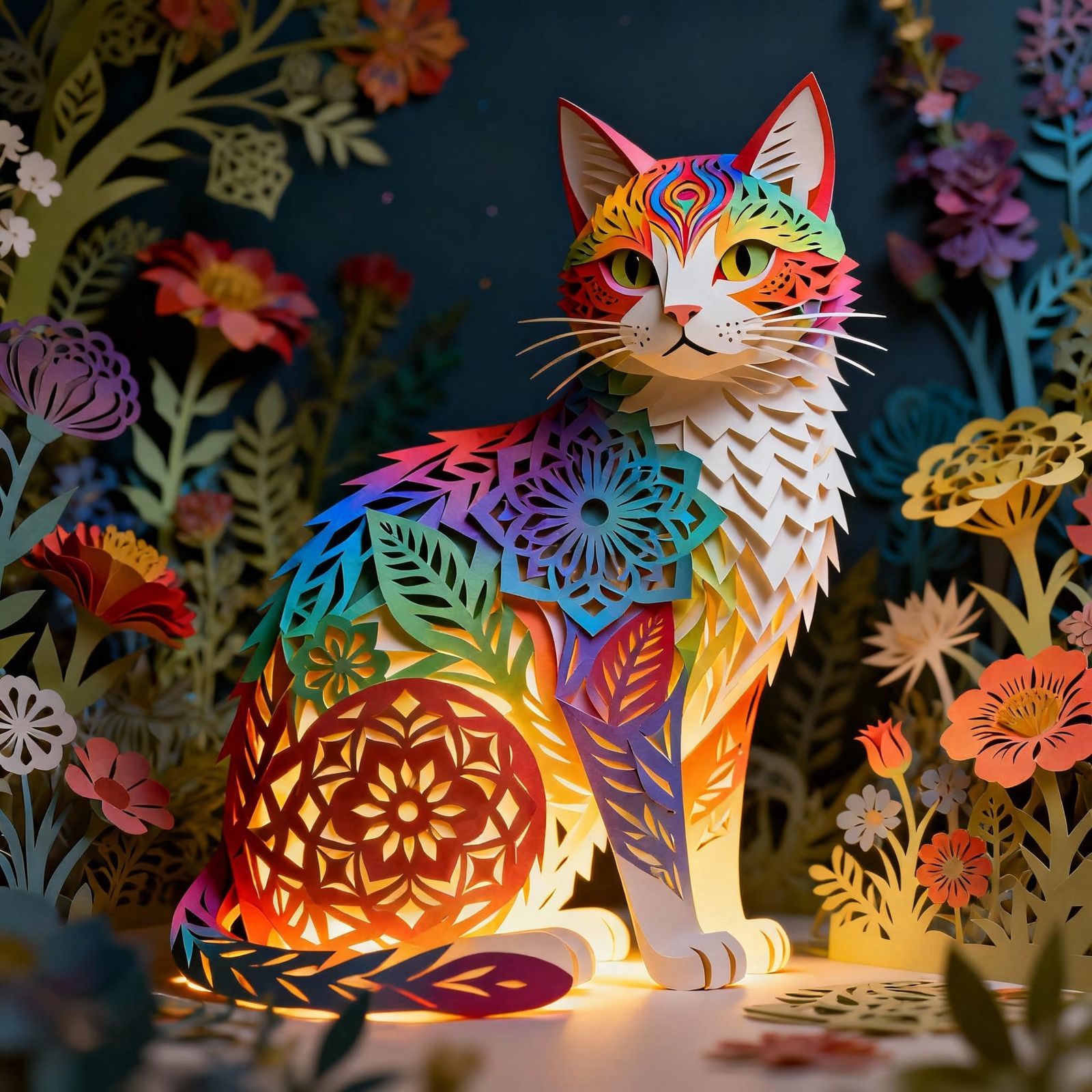 Psychedelic Rainbow Cat Kirigami Art