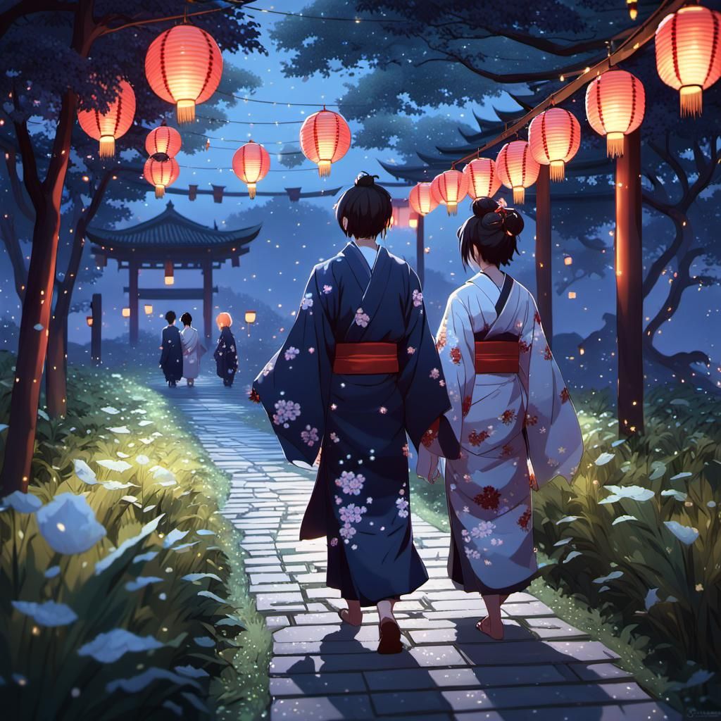 Couple in Kimonos with Lanterns: 3D Anime Art