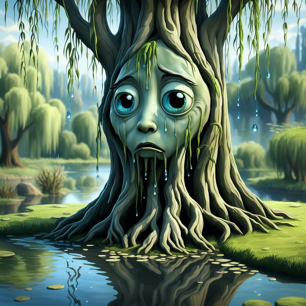 Anthropomorphic Weeping Willow Tree Crying in CGI