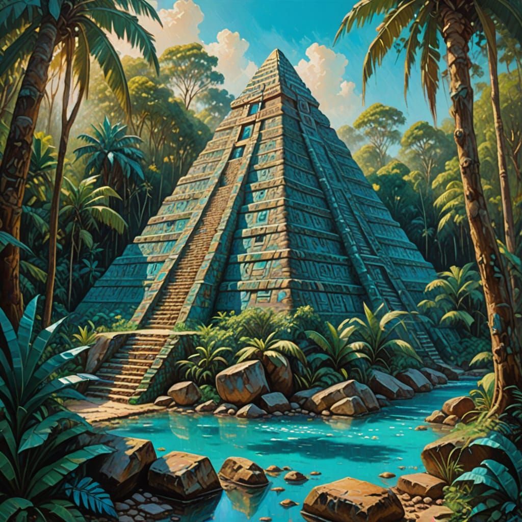 Turquoise Aztec Pyramid in Impressionist Oil Painting