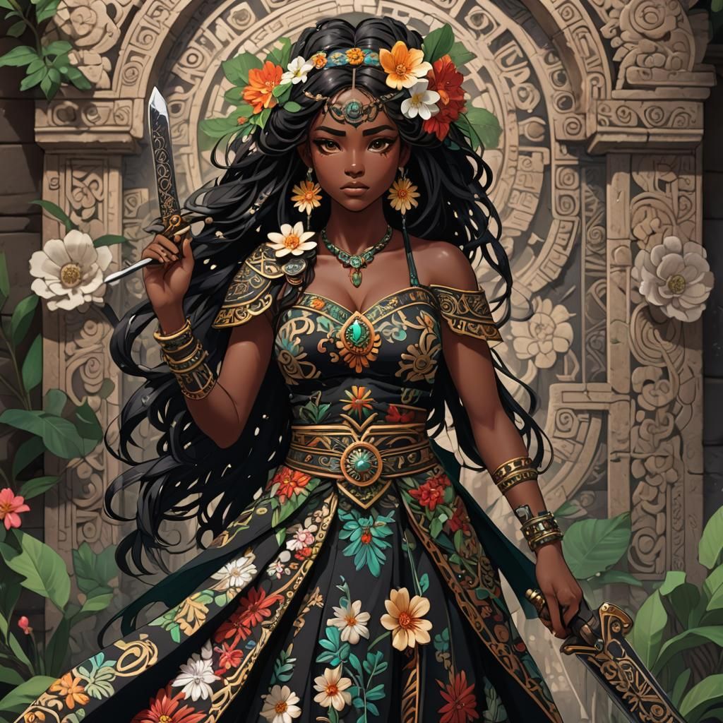 Latina Anime Girl with Obsidian Sword in Mayan Setting