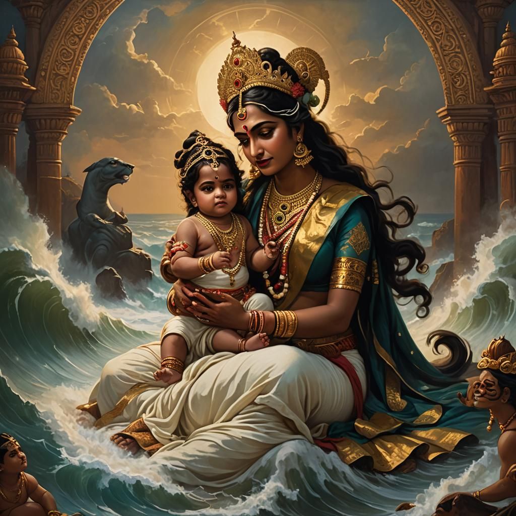 Majestic Mother Protects Child From Tsunami, Detailed Fantas...