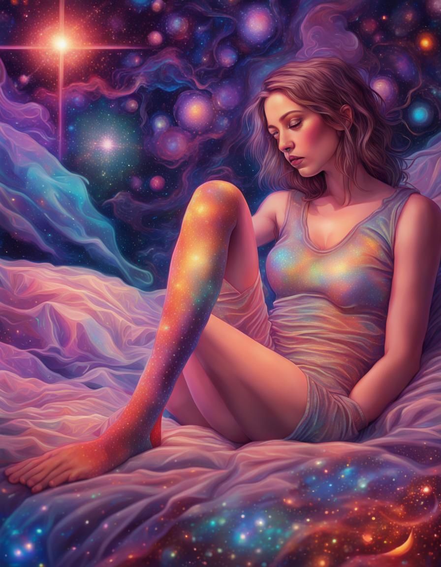 Girl on Bed in Cosmic Holographic Illustration