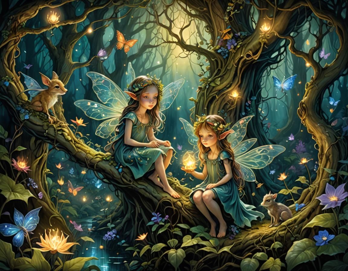 Enchanted Magical Forest with Fairies, Whimsical Illustratio...