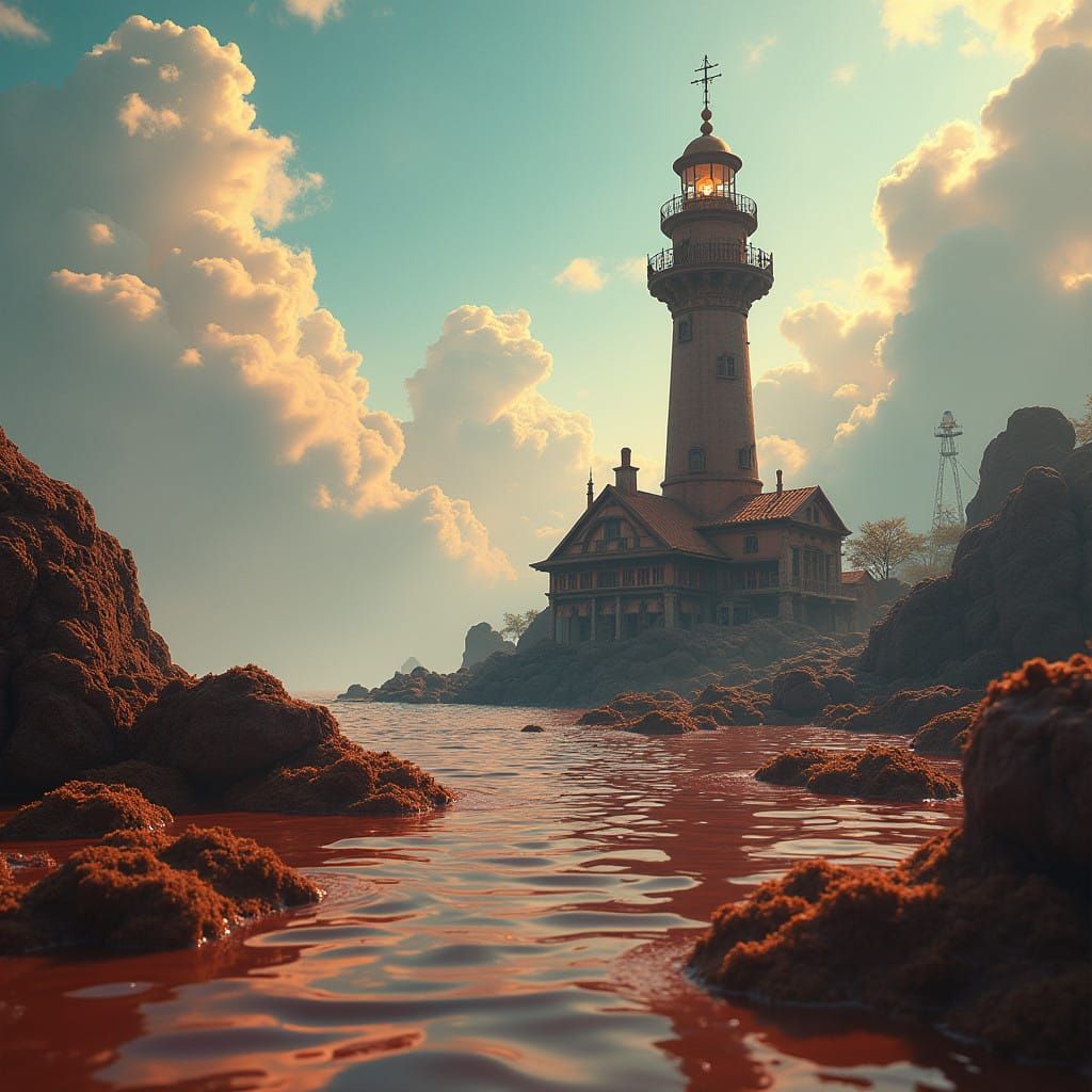 Majestic Lighthouse Amidst a Sea of Velvety Chocolate in a W...