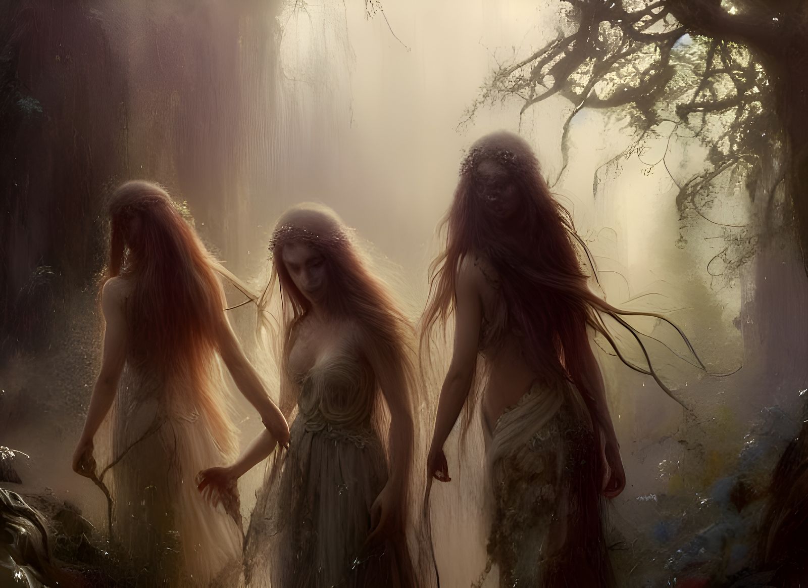 Dryads Assembly in Lush Valley: Fantasy Oil Painting