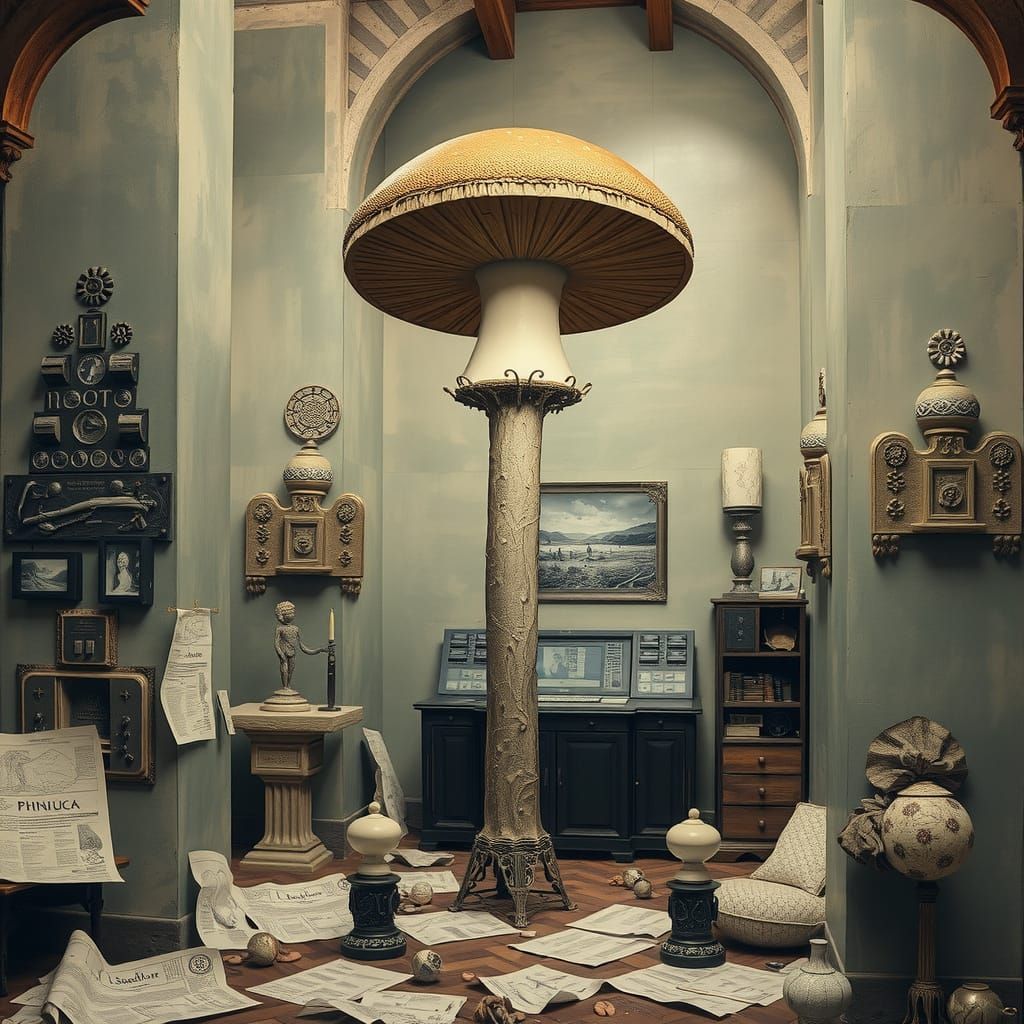 Surreal Modernist Wonderland with Mushroom Flag and Industri...