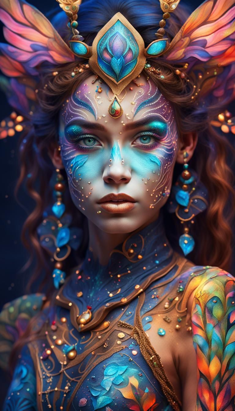 Fantasy Girl with Intricate Body Art: Digital Painting