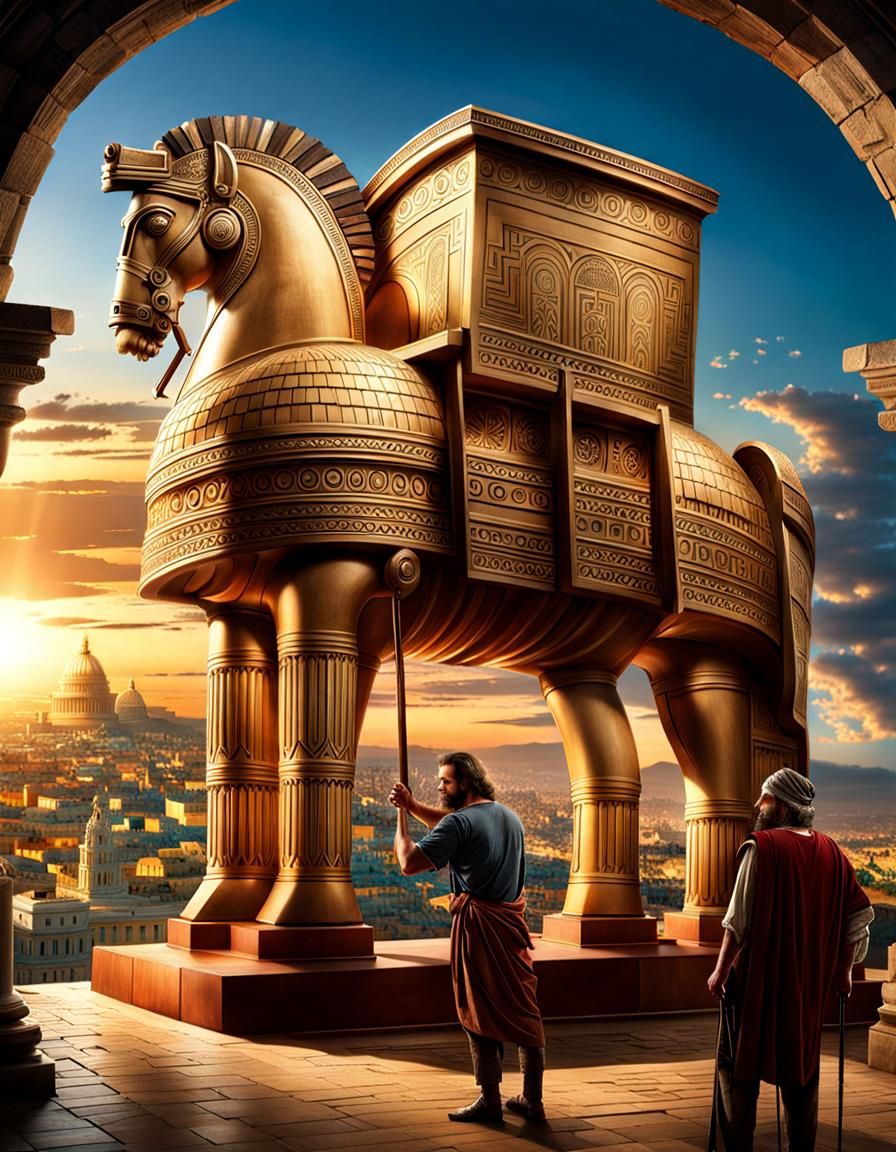 In ancient greece Epeius, the master carpenter, putting the finishing touches to his absolutely massive trojan horse