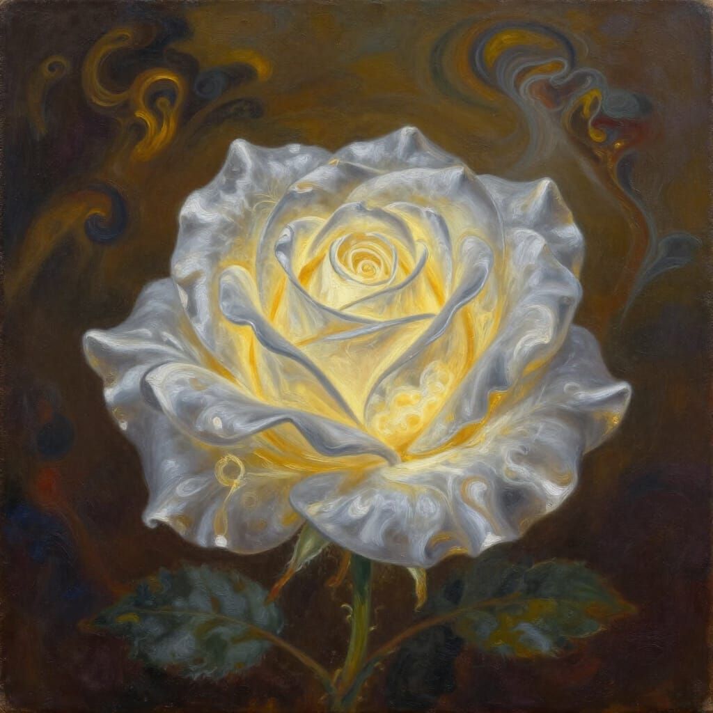 Luminous Rose of Silver and Gold Mist in Surreal Style