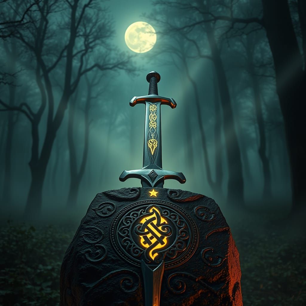 Medieval Sword Emerges from Ancient Stone in Mystical Moonli...