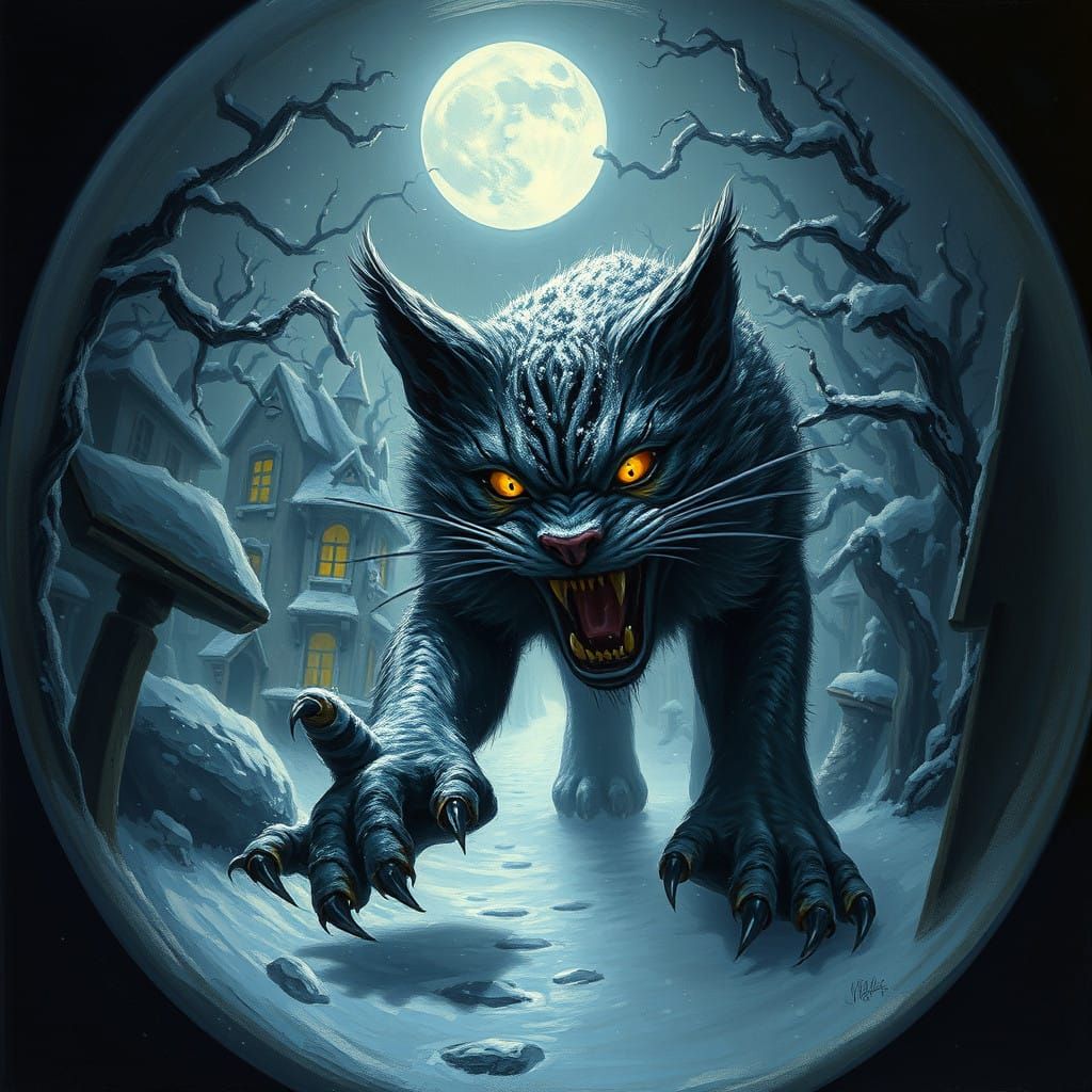 Mystical Feline Monstrosity in a Haunted Snow Globe