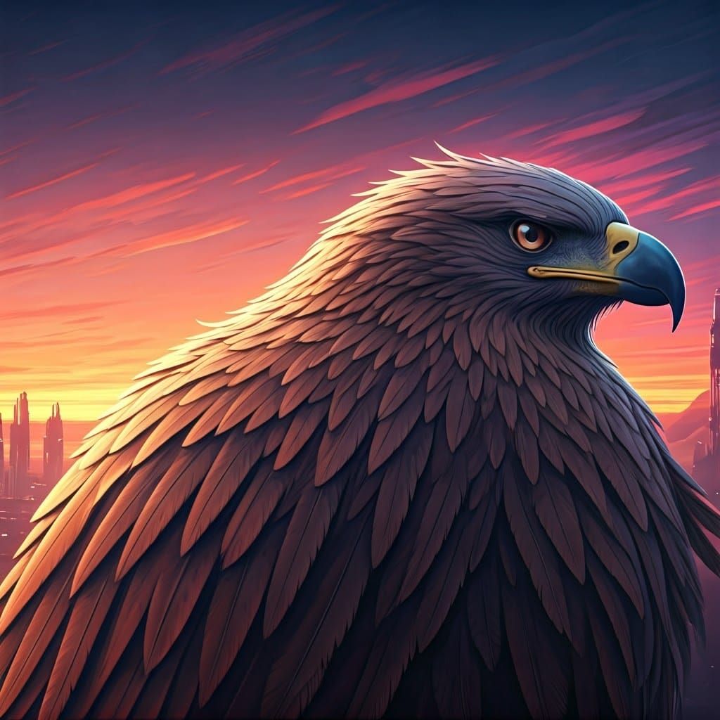 Neon Eagle Soaring Over Cyberpunk Cityscape