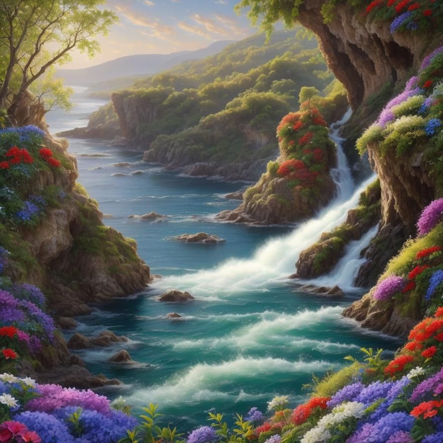 Stunning Waterfall Painting with Autumnal Colors