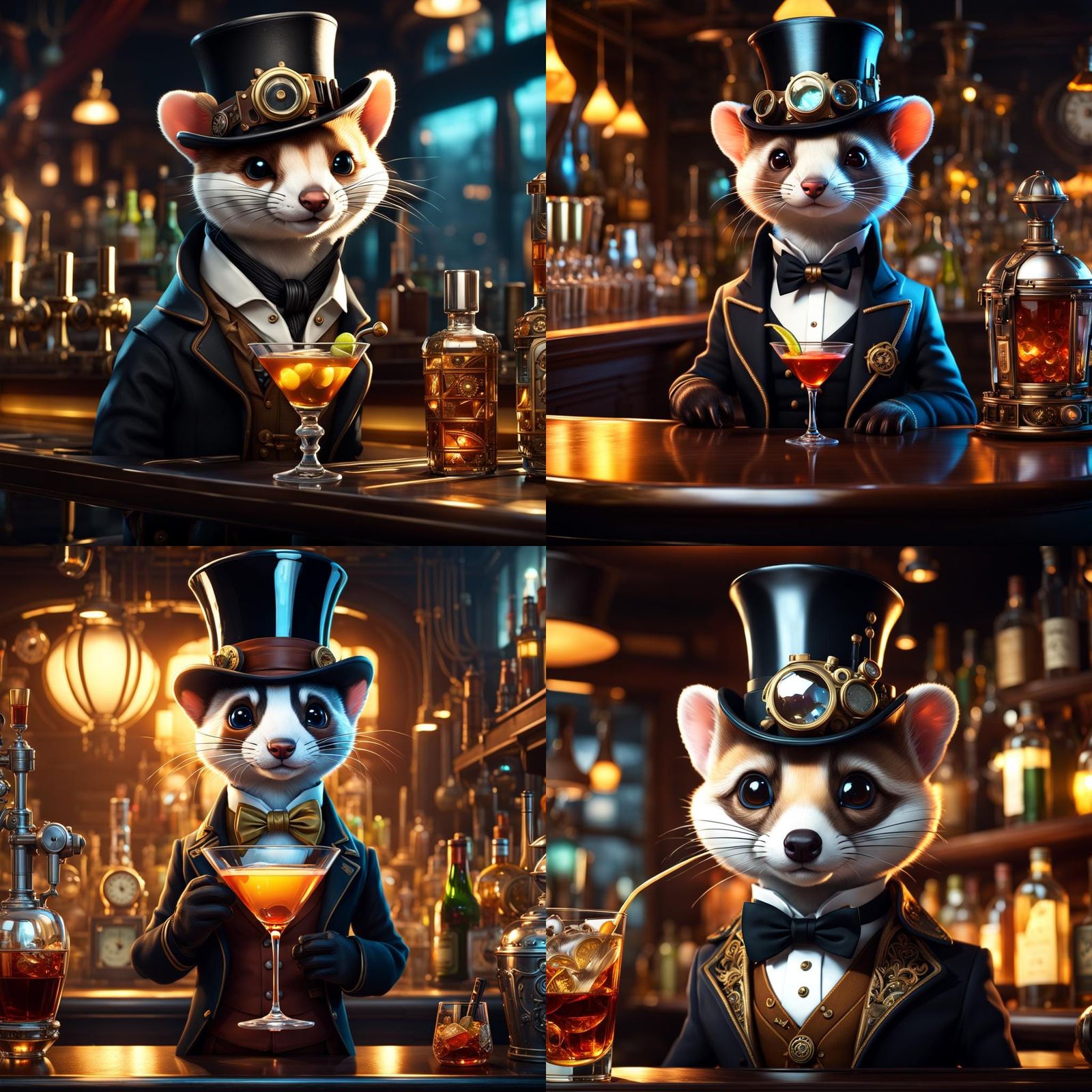 Steampunk Ferret in Anime Style Drinking Martini