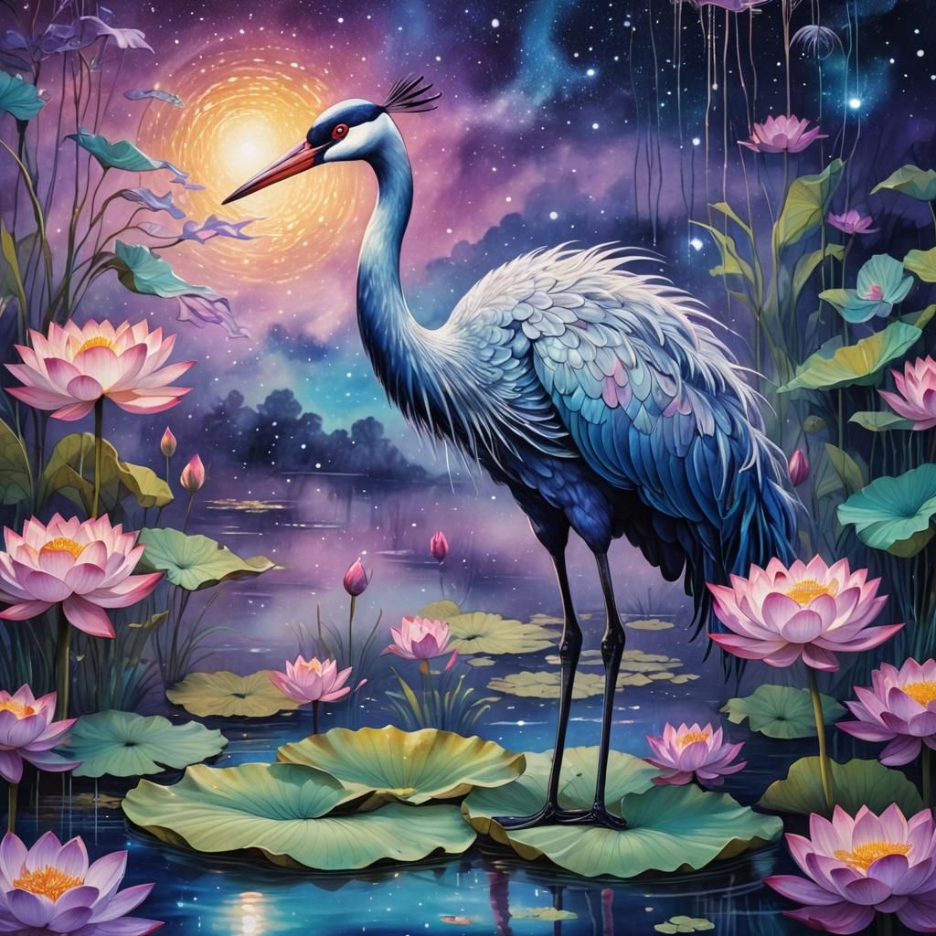 Crane in Lotus Pond: Cosmic Mixed Media Illustration