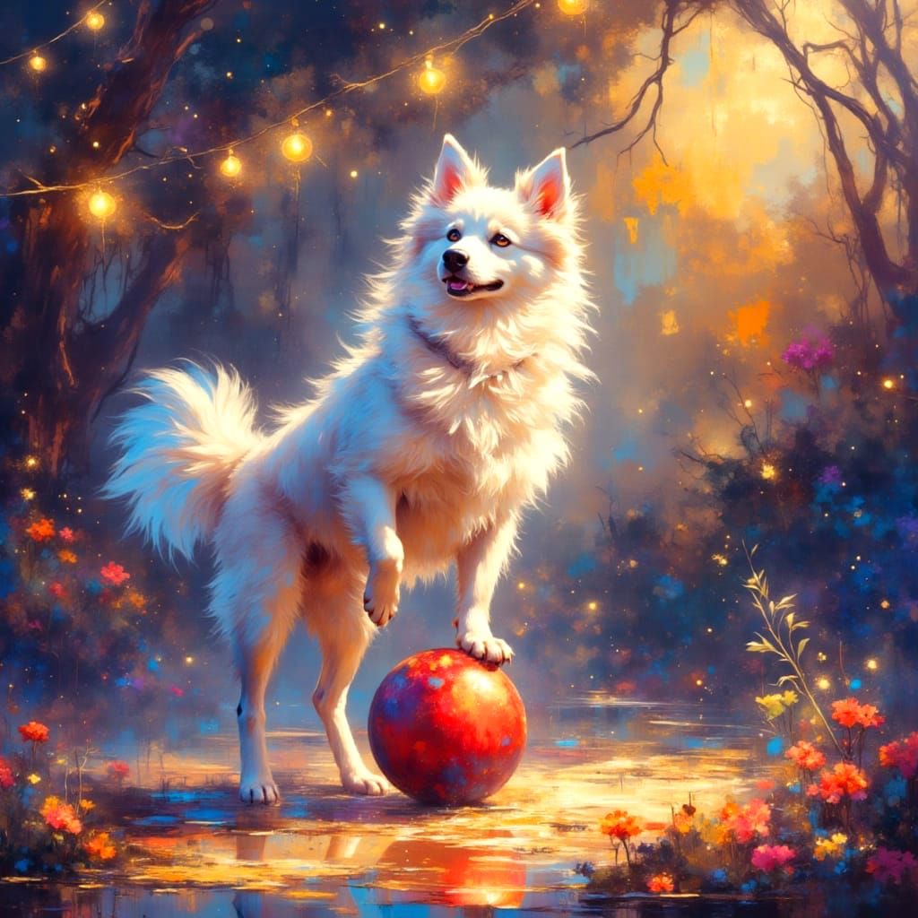 Ethereal Circus Scene with an American Eskimo Dog