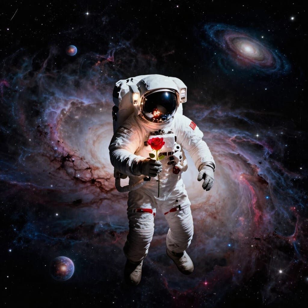 Astronaut Adrift with Glowing Rose in Cosmic Nebula