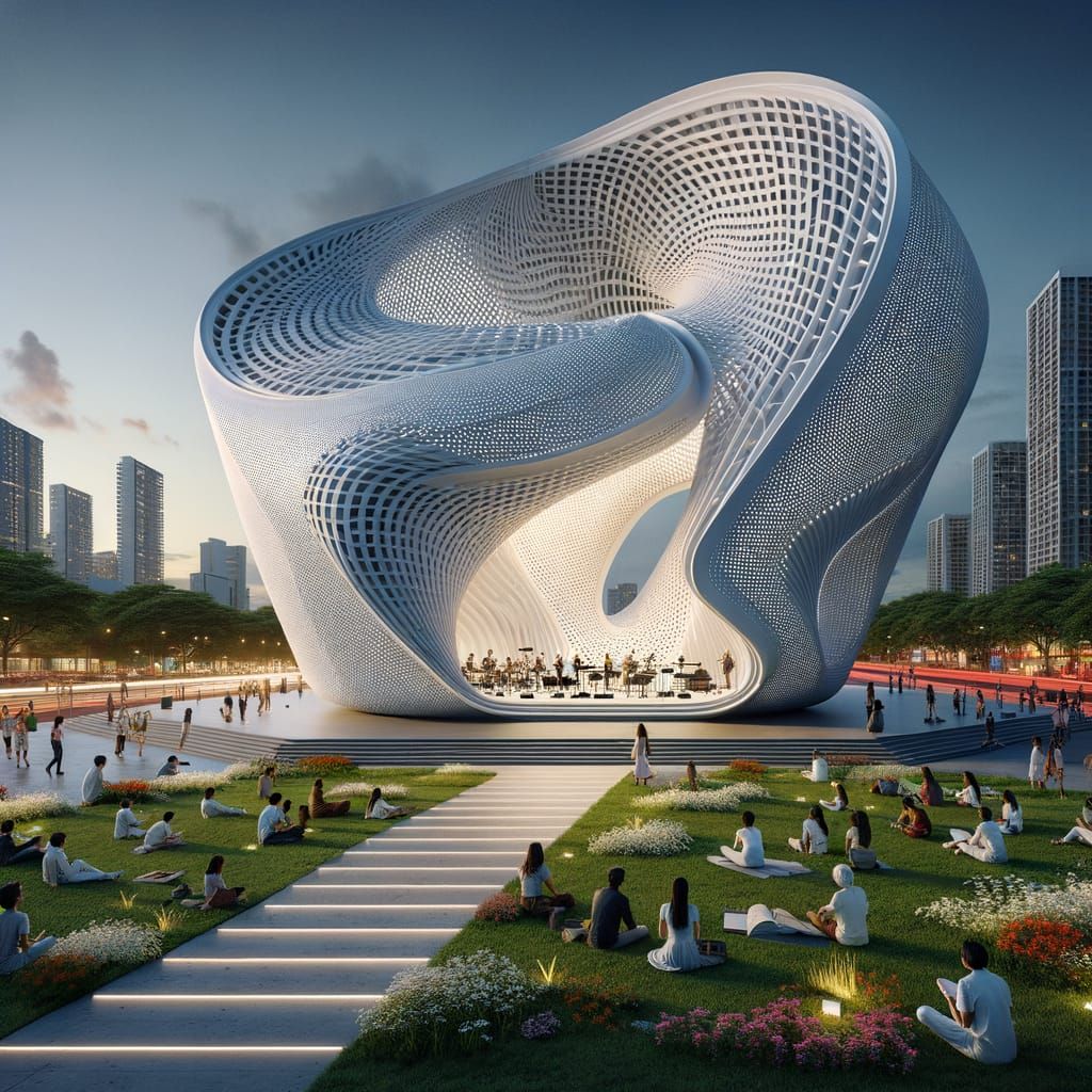 Futuristic Organic Shell Roof Structure with Urban Park Sett...