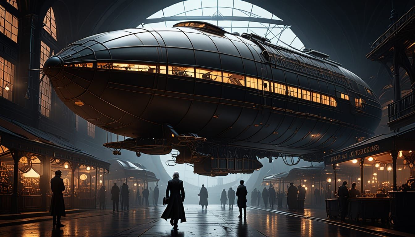 Steampunk Woman and Brooding Man in Marketplace