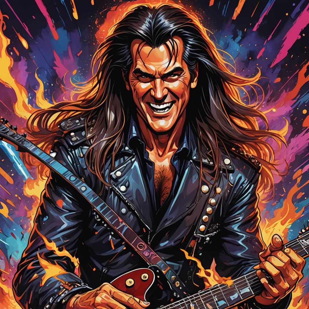 Heavy Metal Musician Headbanging on Fiery Stage in Anime Art