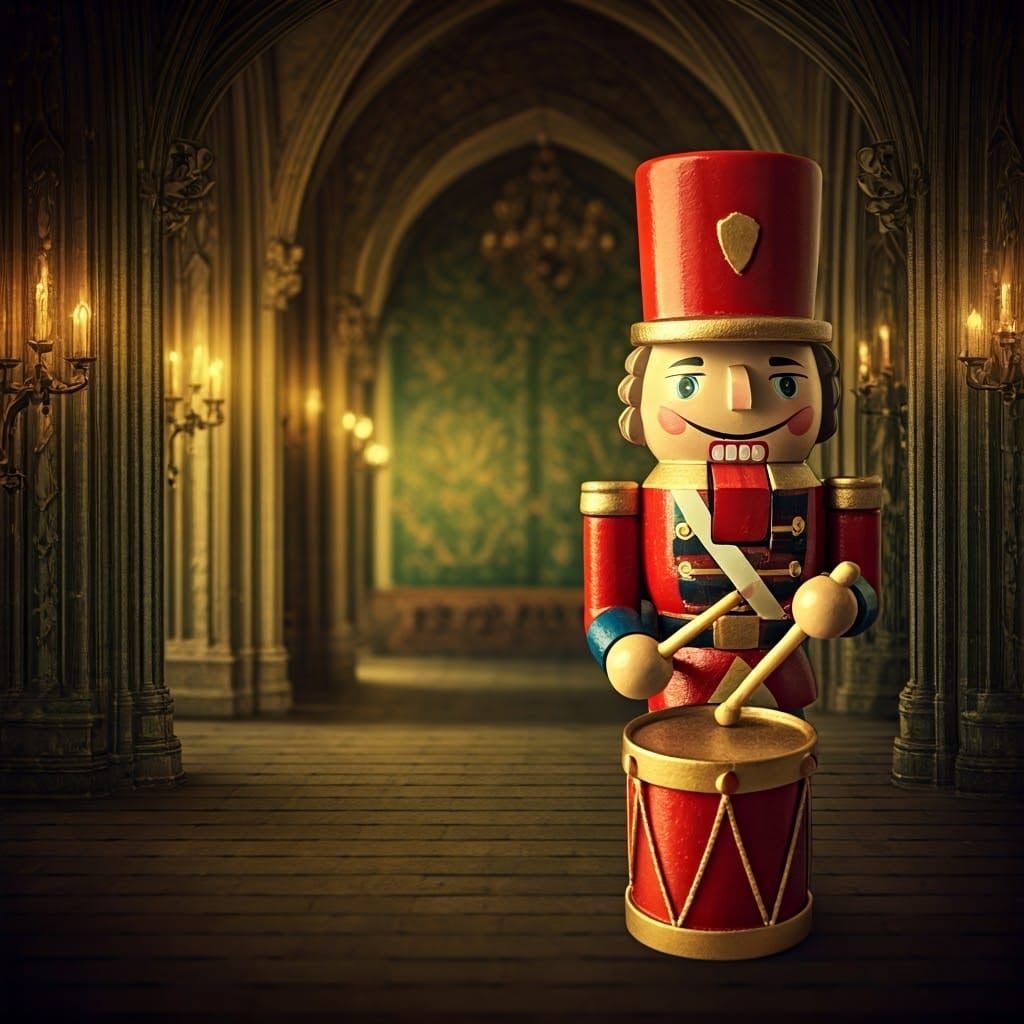 A whimsical nutcracker soldier, holding a toy drum, castle interior background, in the style of Catrin
Welz-Stein, Micha...