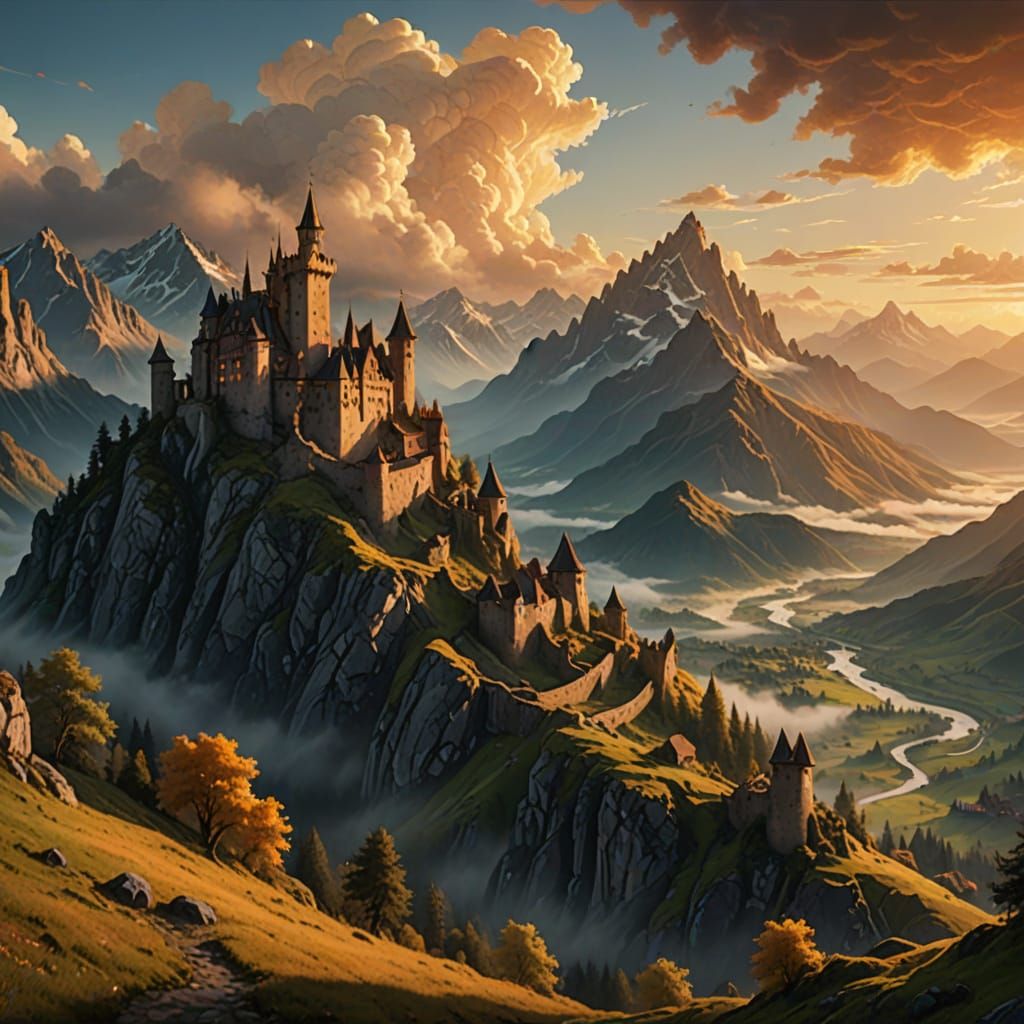Epic Oil Painting of Majestic Castle Ruins Amidst Swirling C...