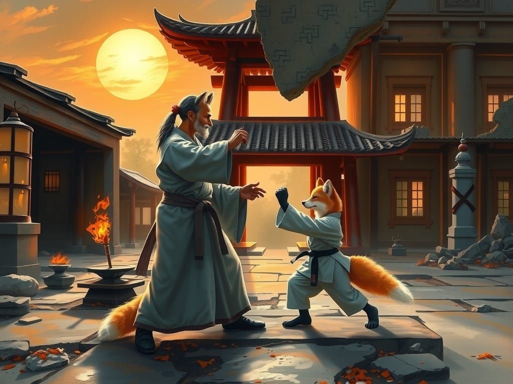 Fox Sensei Teaches Karate: An Oil Painting
