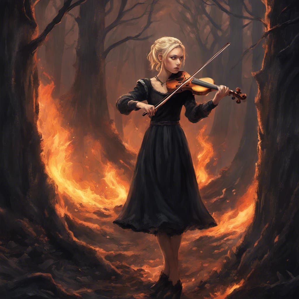 Teen Bard in Burning Forest: Dark Fantasy Art