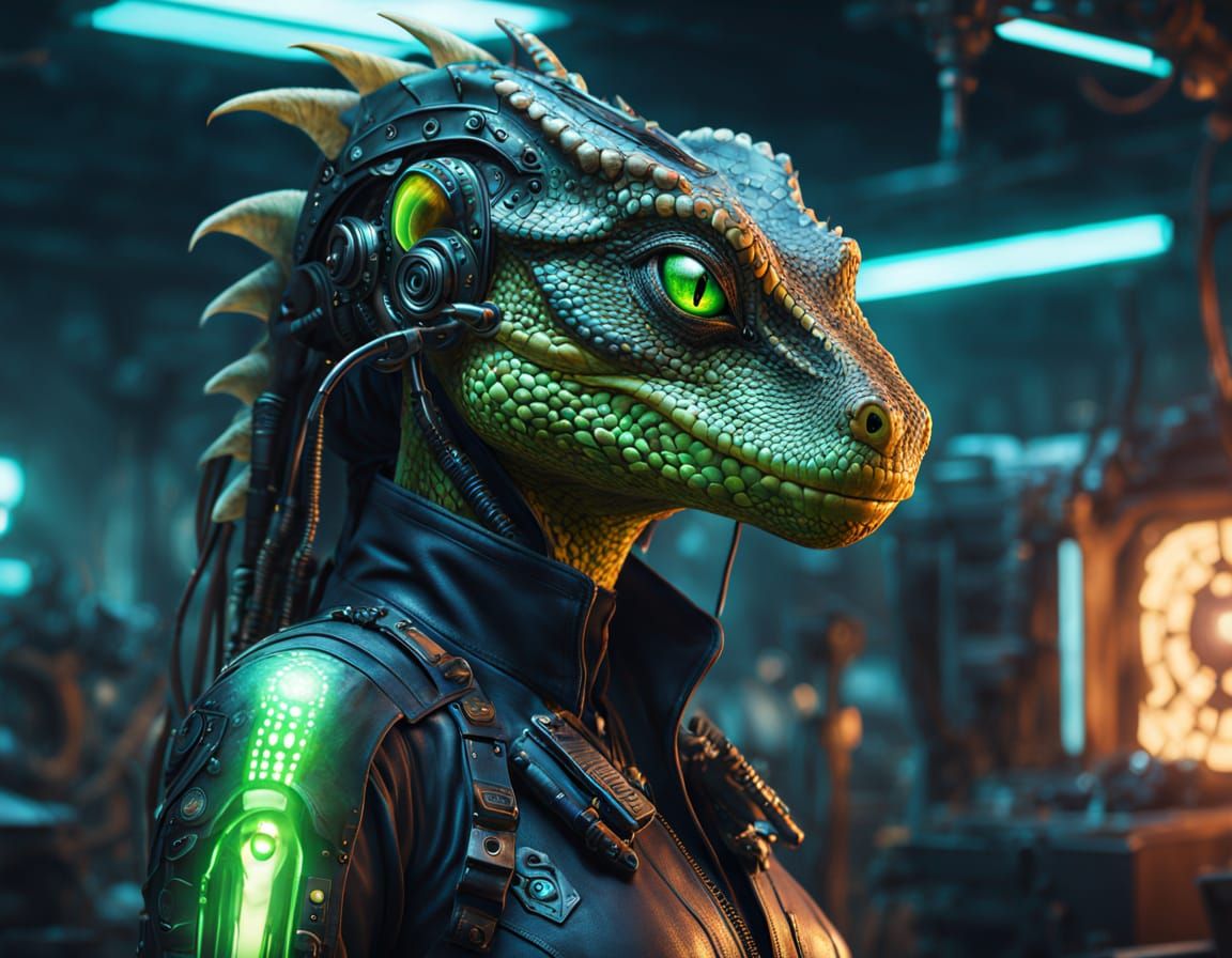 Lizardfolk Mechanic in Cyberpunk Workshop Portrait