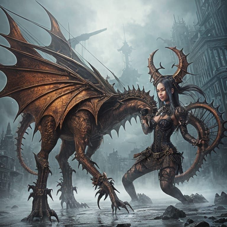 Steampunk Gothic Pirate Nymph with Dragon Pet