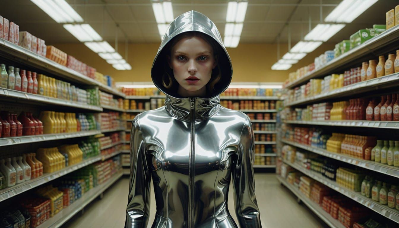 High Fashion Model in Chrome Latex Avant-Garde Suit