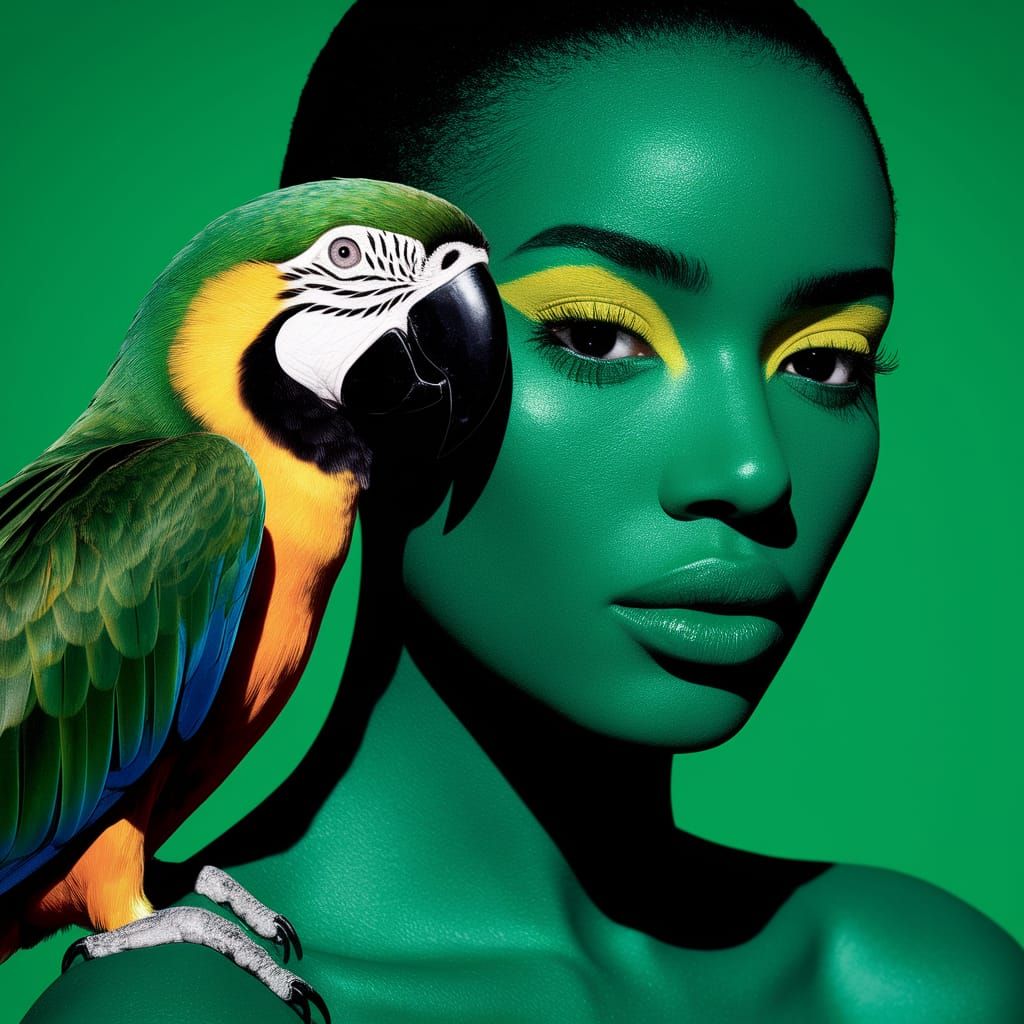 Close-up Portrait of a Model with a Vibrant Green Parrot