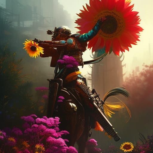 Cyberpunk Samurai Warrior in Rococo Floral Arrangement