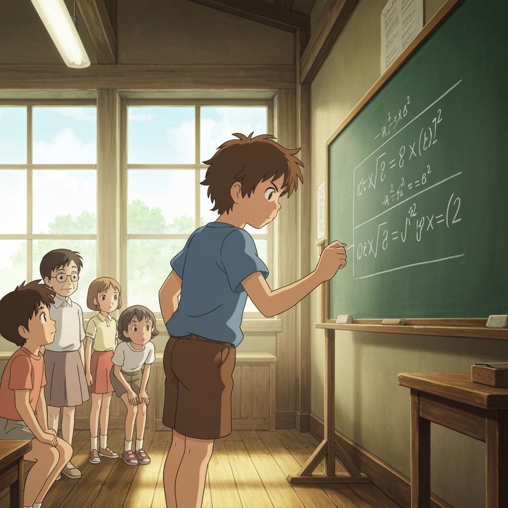 Boy Solves Math Equation in Sunlit Ghibli-Style Classroom