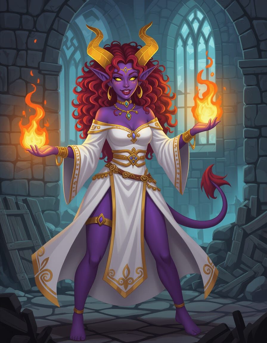 Tiefling Wizard Casting Fire Spell in Comic Book Style