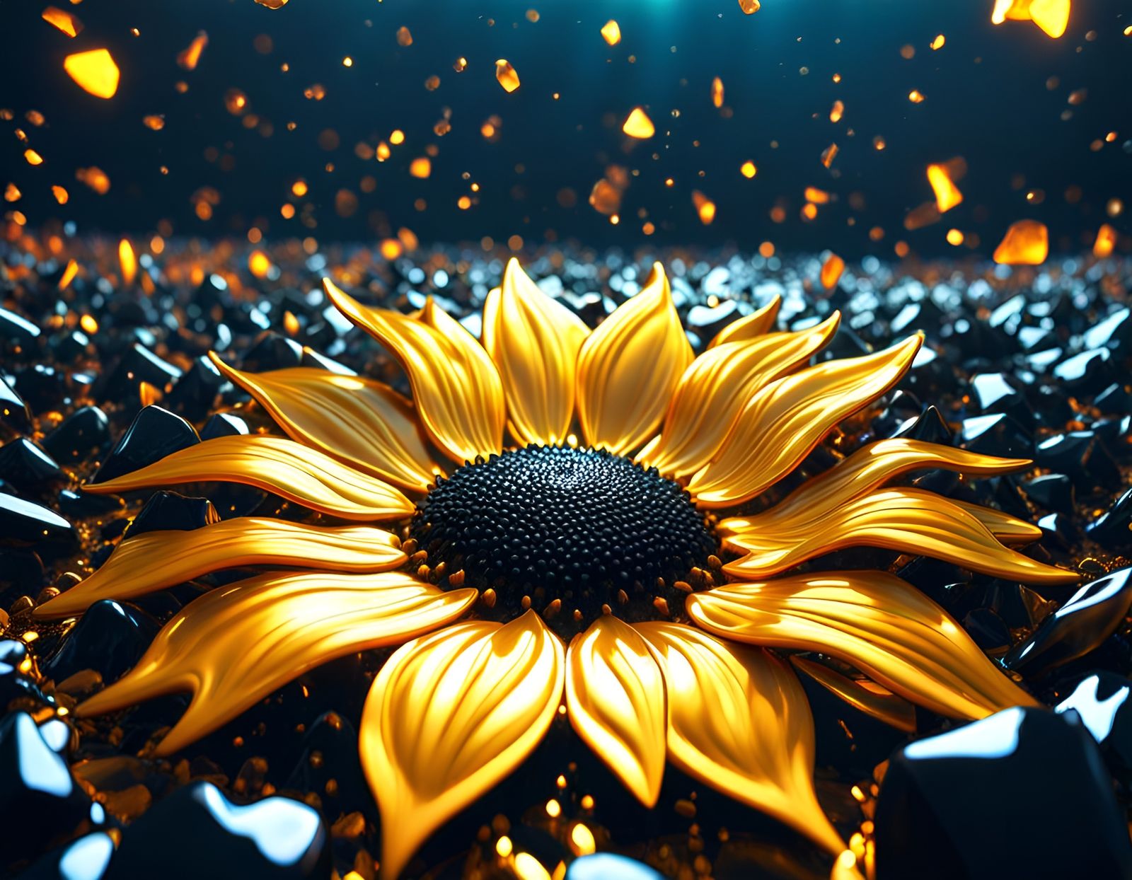 Obsidian Sunflower Field Erupts from Gold, 8K