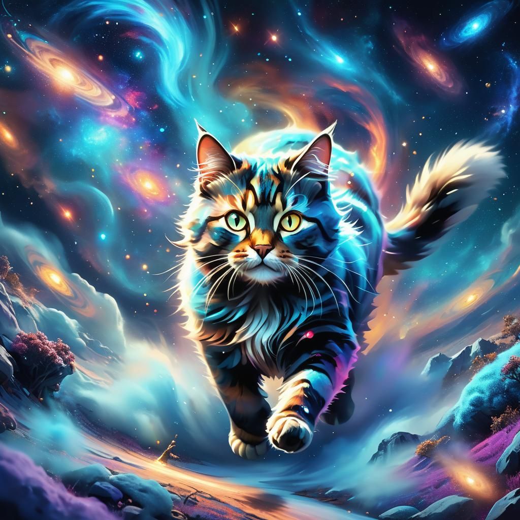 Luminous Cat Sprints Across Cosmic Landscape
