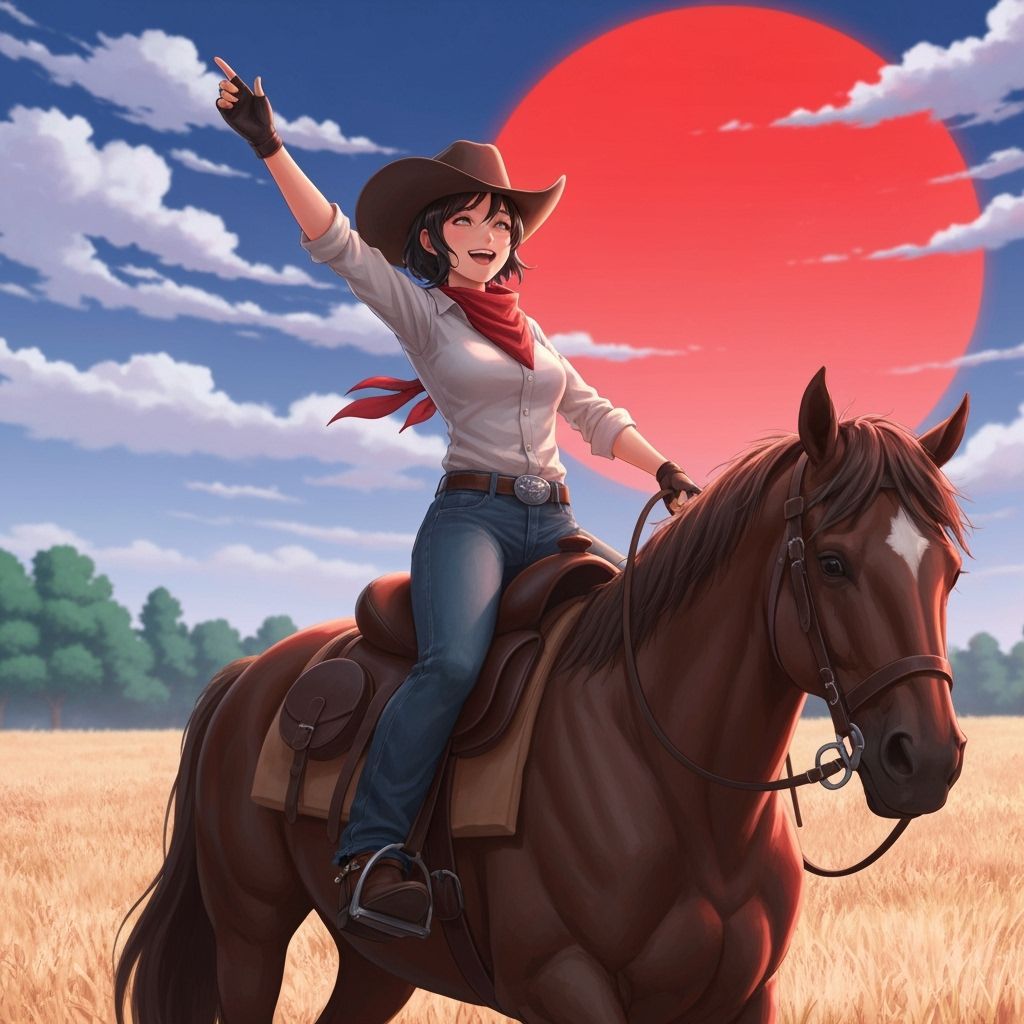 Cowgirl Riding Horse at Sunset Anime 3D Style
