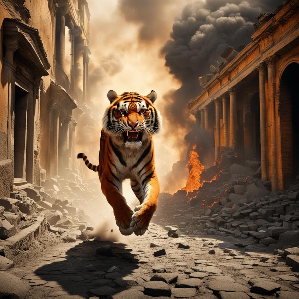 Tiger's Escape: Pompeii Volcanic Eruption