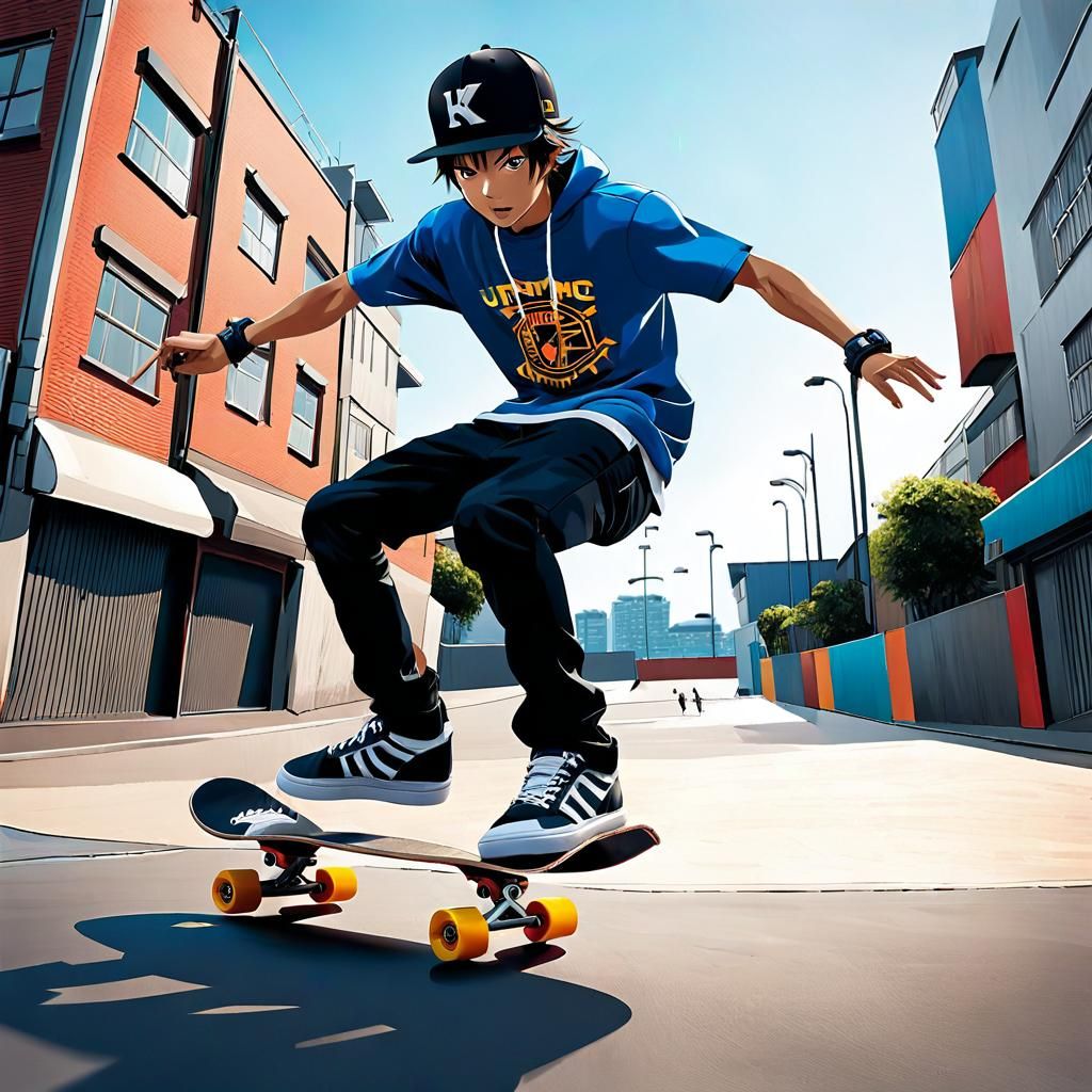 Dynamic Skateboarder Kickflip in Anime-Inspired 3D Art