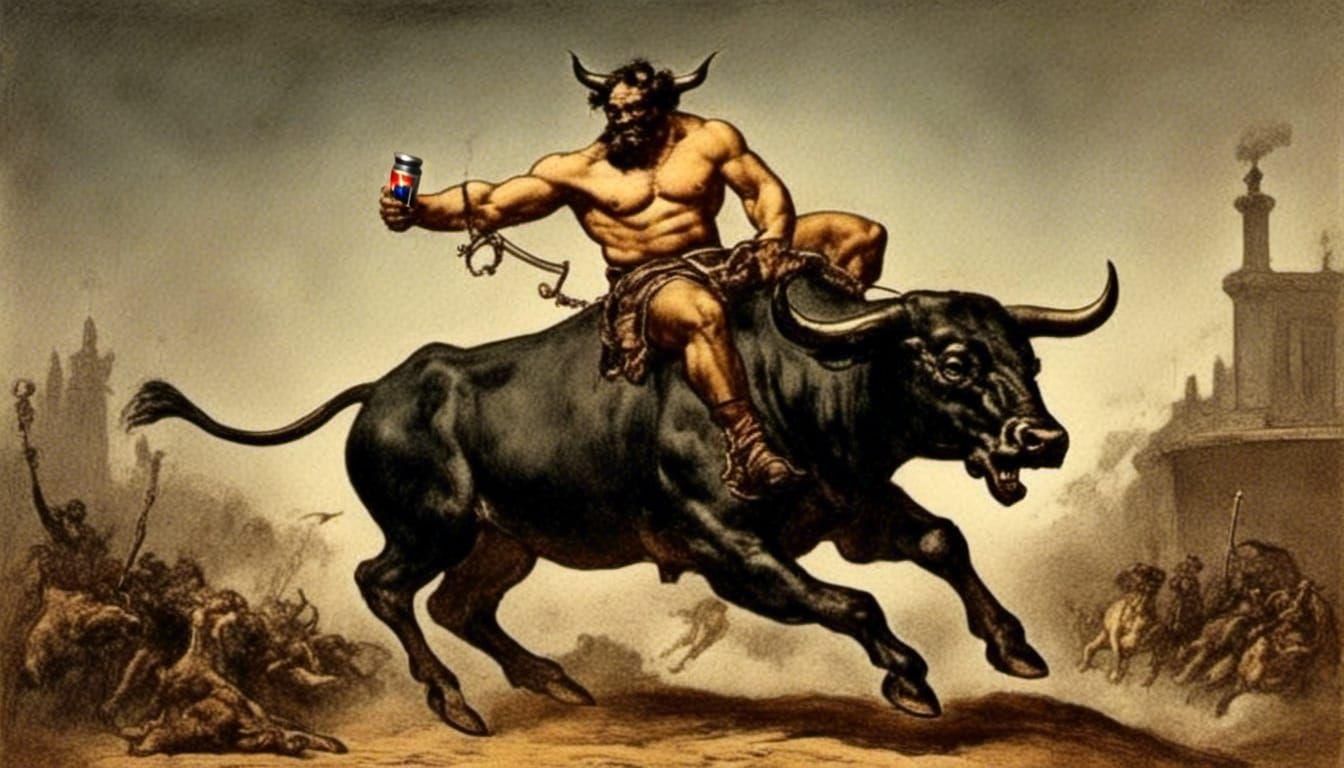 Bull Man Taking the Bull by the Horns Drinking a Red Bull