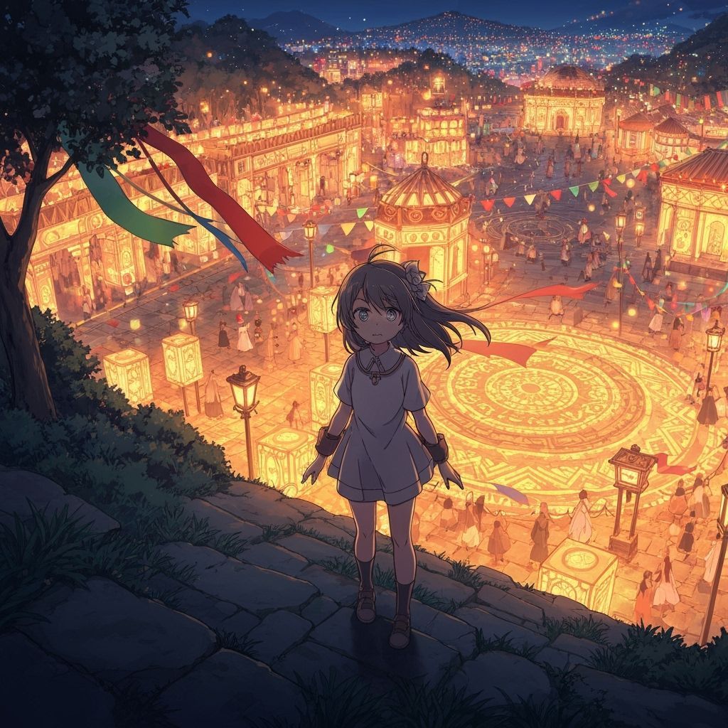 Girl Overlooks Vibrant Fantasy Festival in Anime Style