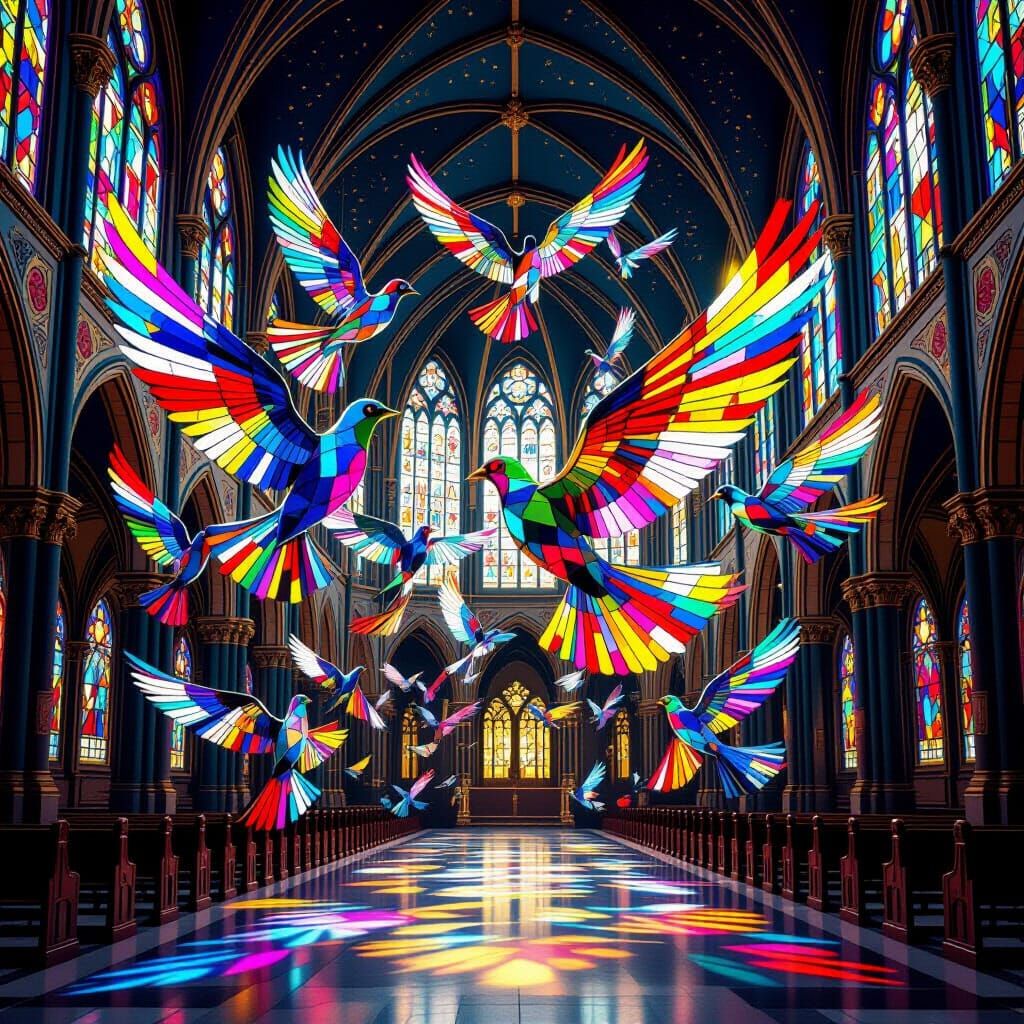 Stained Glass Birds Soaring Through Cathedral: Art Nouveau