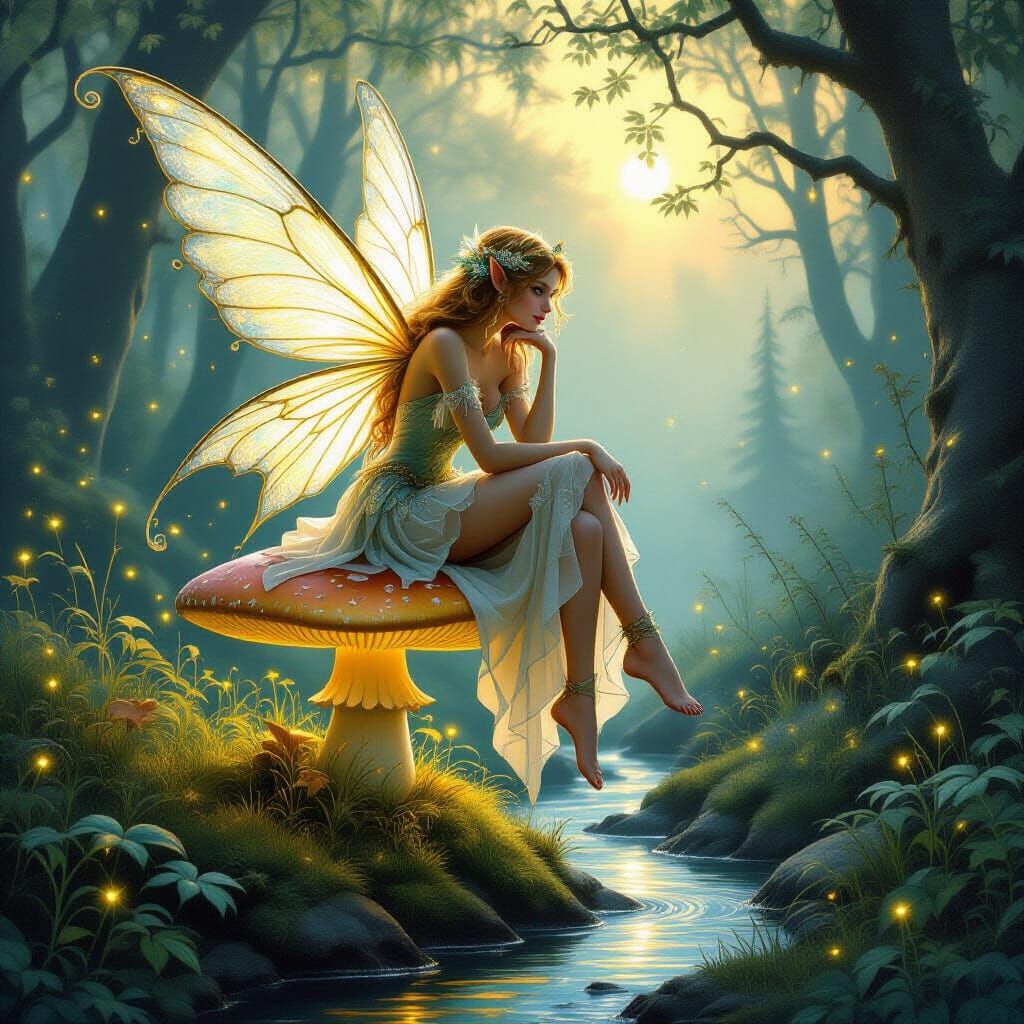 Fairy in Mystical Forest at Dusk, Ethereal Art
