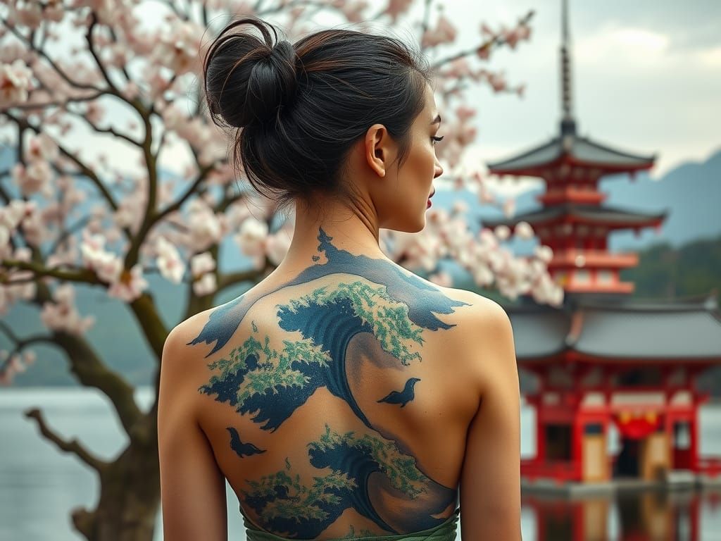 Japanese Woman with Tattooed Back and Sakura Tree